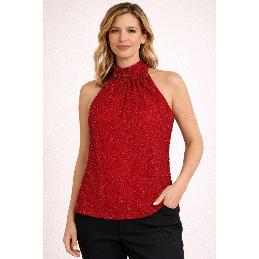 Marina by Marina Bresler Red Beaded Silk Sleeveless Blouse Women L Mock Neck